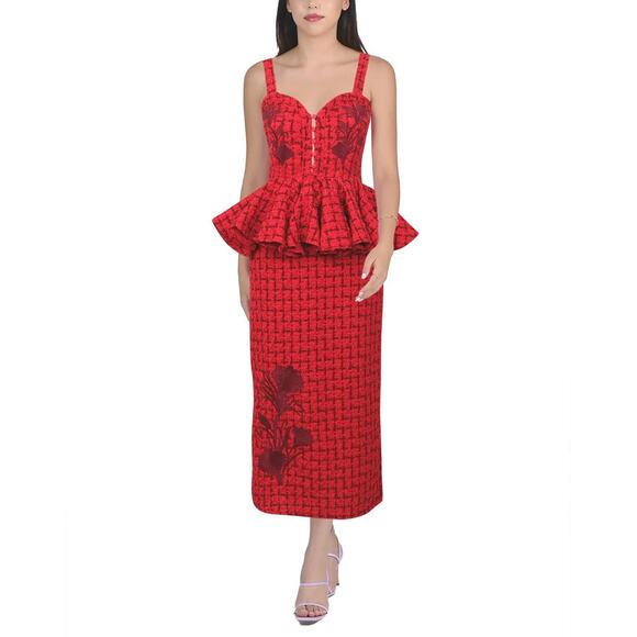NEW NWT Fanm Mon Gulia Red Peplum Embroidered Midi Dress Size S - Picture 2 of 6